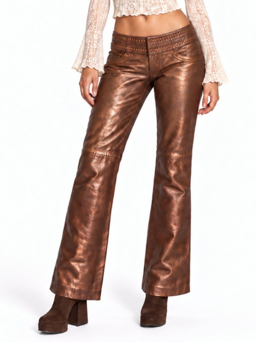 Caché Bronze Lamb Leather Bootcut Pants Women’s Size 8 Y2K Boho Moto